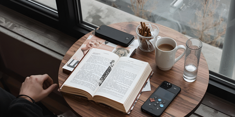 Coffee table with a box magazine, cell phone, coffee cup, a glass of water,and a hand held game system